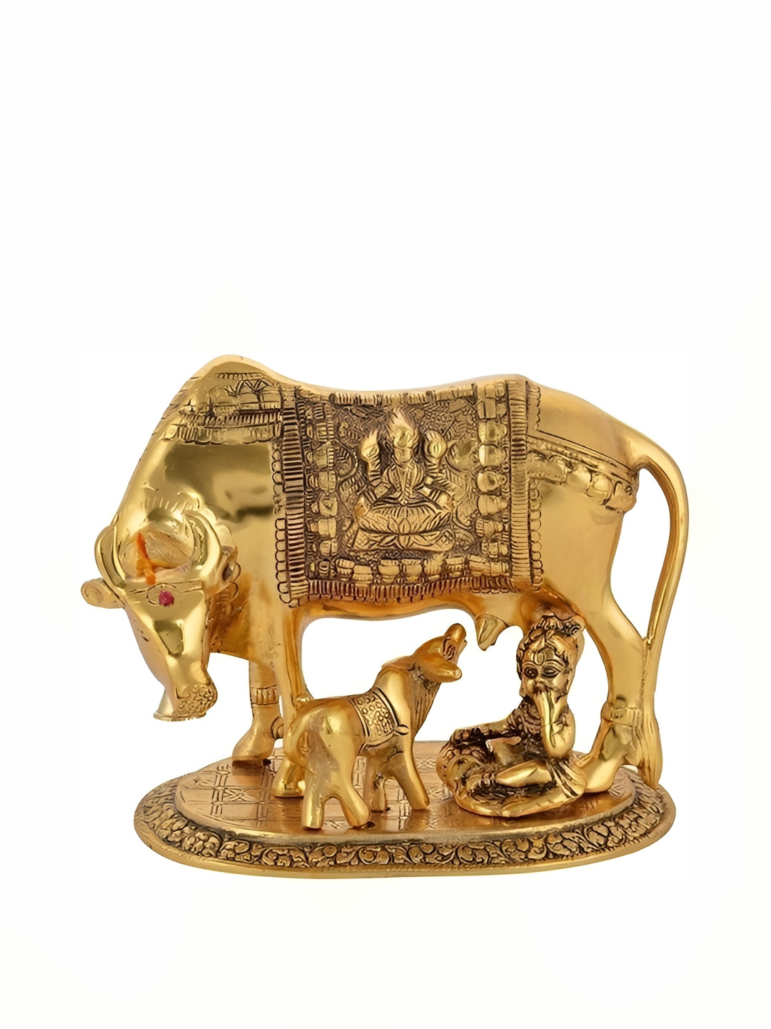 Navyaksh Elegant Kamdhenu Cow and Calf Gold Metal Metallic Prayer Room Small Showpiece - 3.1 Inches