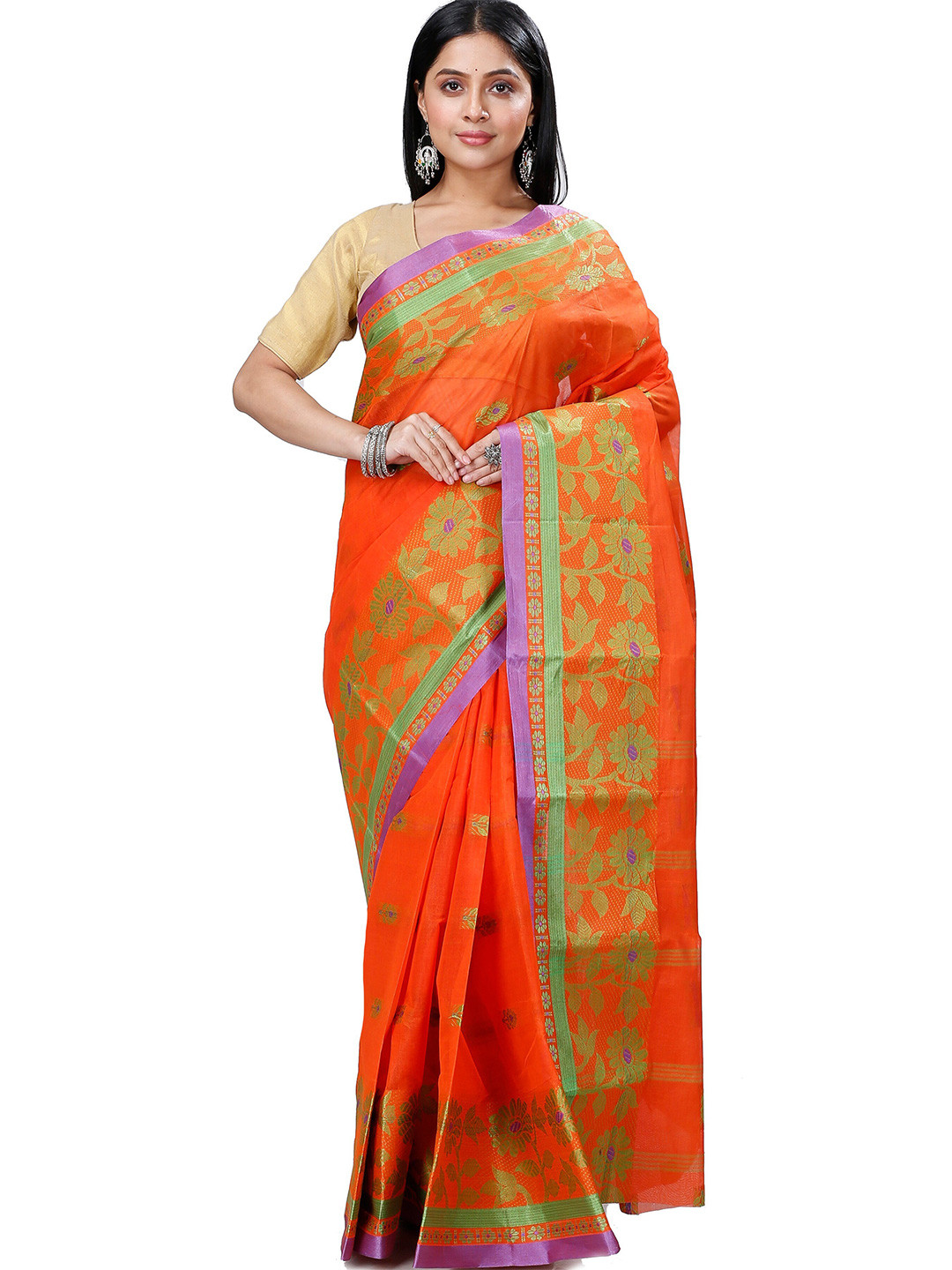 PuJoy Floral Woven Design Zari Pure Cotton Taant Saree
