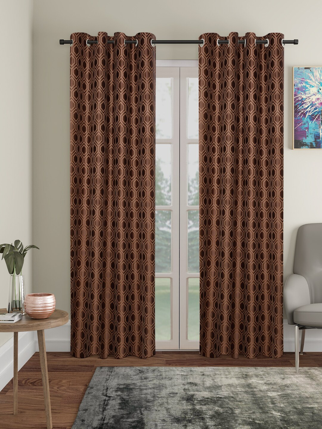 SOKNACK Brown & Beige Geometric Black Out Long Door Curtain