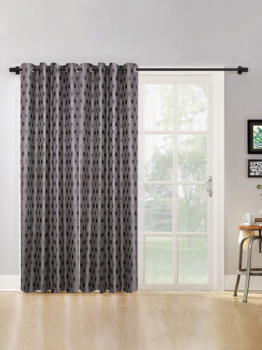 SOKNACK Black & Grey Geometric Black Out Long Door Curtain
