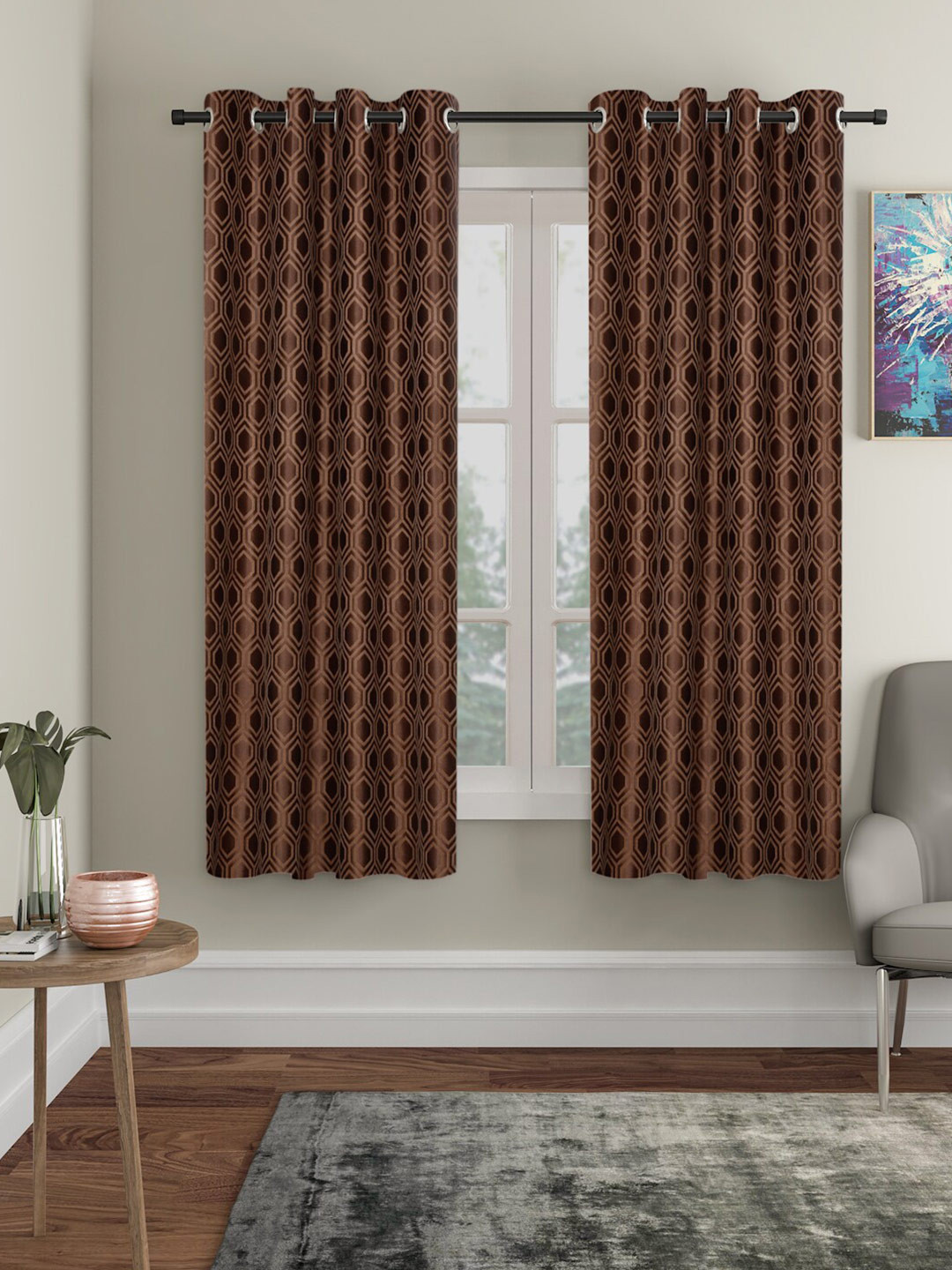 SOKNACK Brown 2 Pieces Geometric Black Out Window Curtains