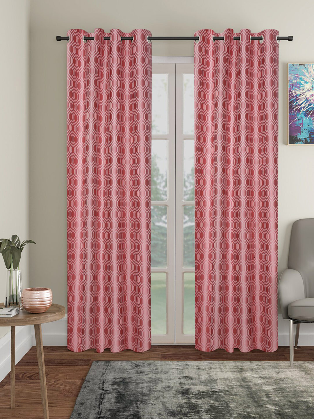 SOKNACK Peach & Pink Geometric Black Out Long Door Curtain