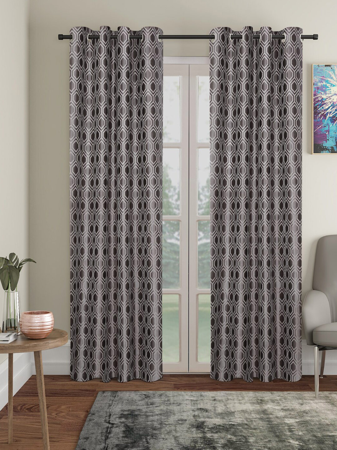 SOKNACK Black Geometric Printed Black Out Long Door Curtain