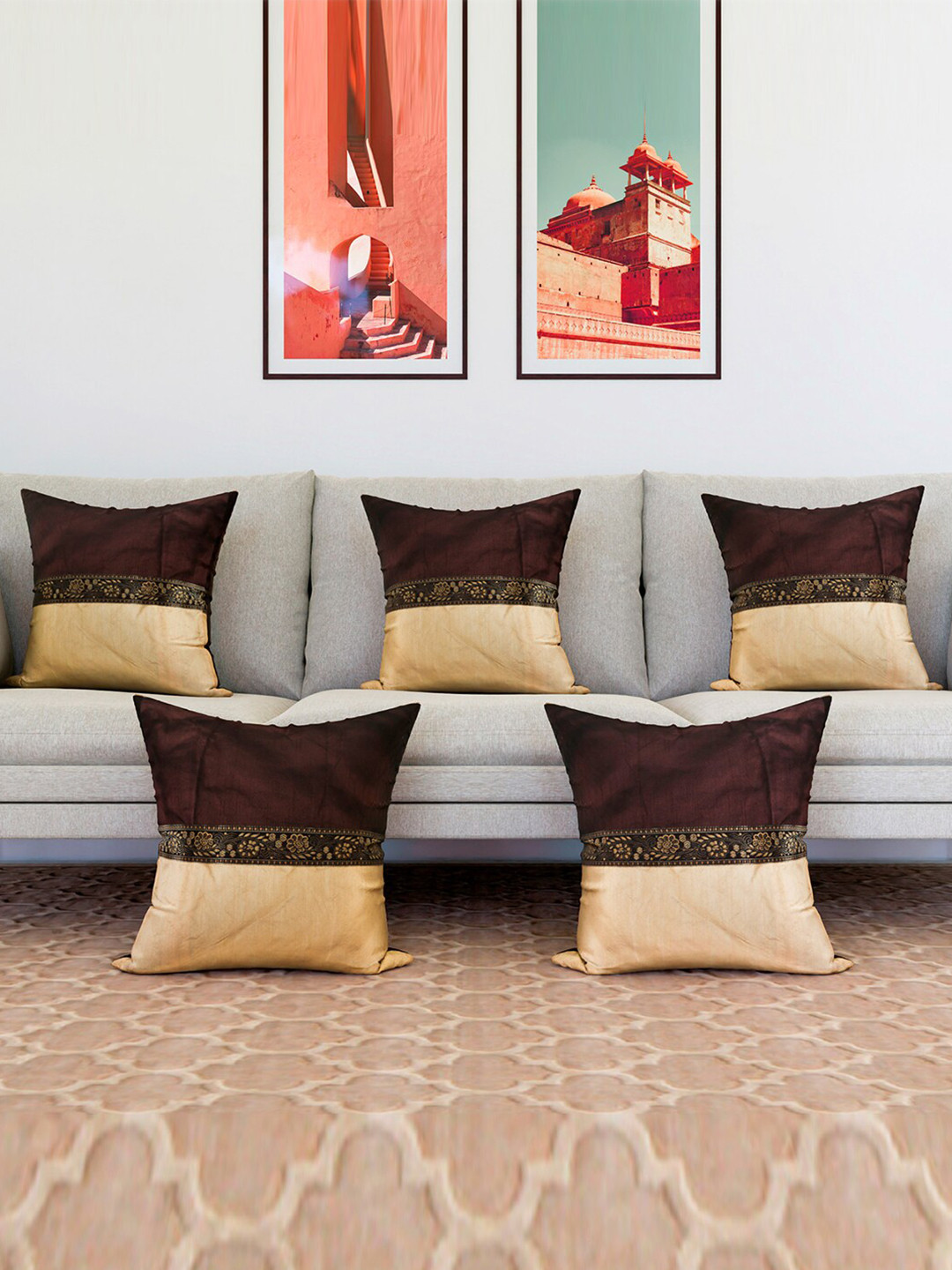 Kuber Industries Dupion Center Lace Colourblocked Polyester 5 Pcs Zari Cushion Covers - 16.1 x 16.1 In