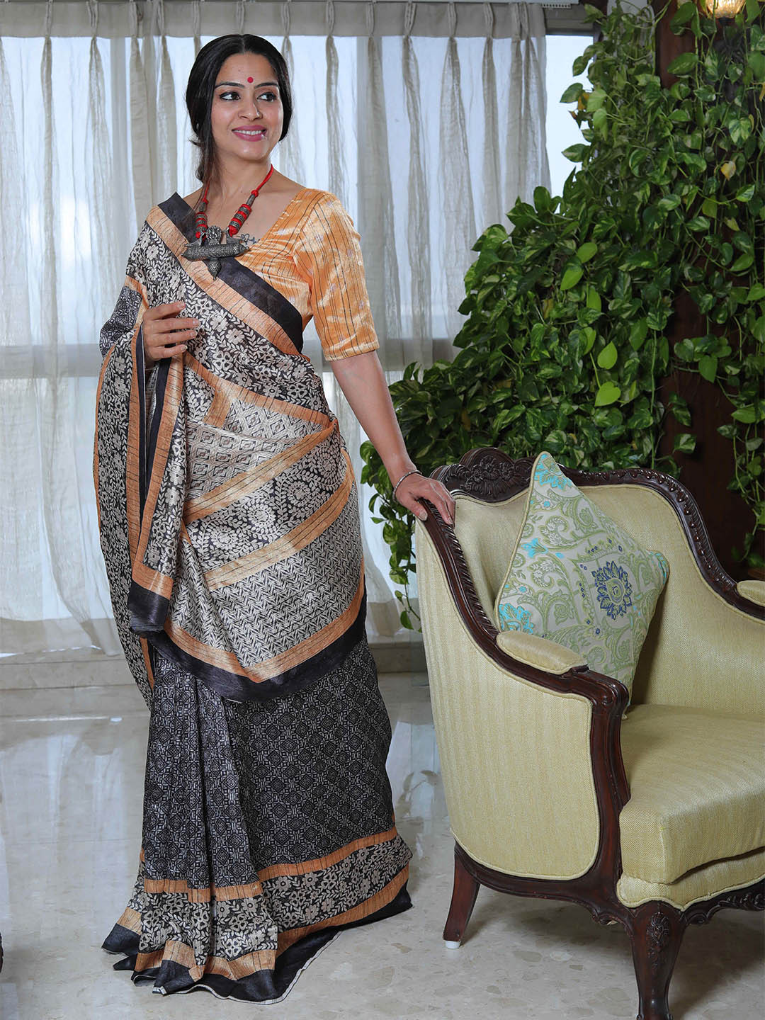 NIWAA Ajrak Block Printed Organza Silk Banarasi Saree
