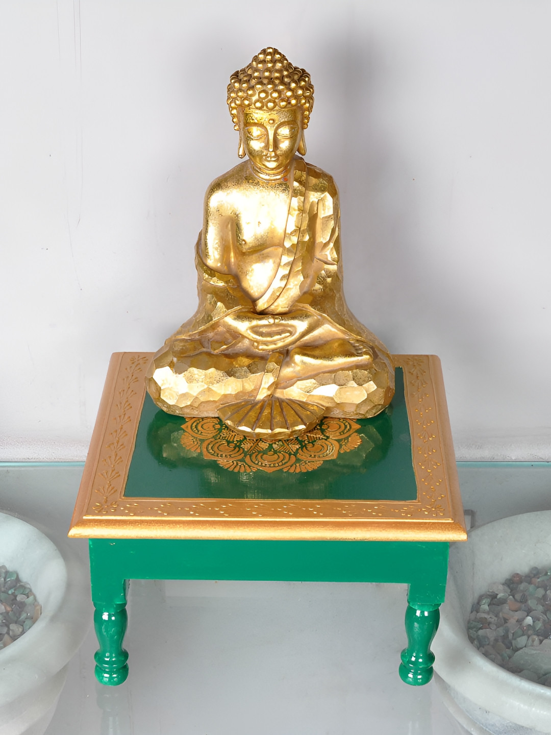 Lal Haveli Green & Brown Wooden Pooja Chowki