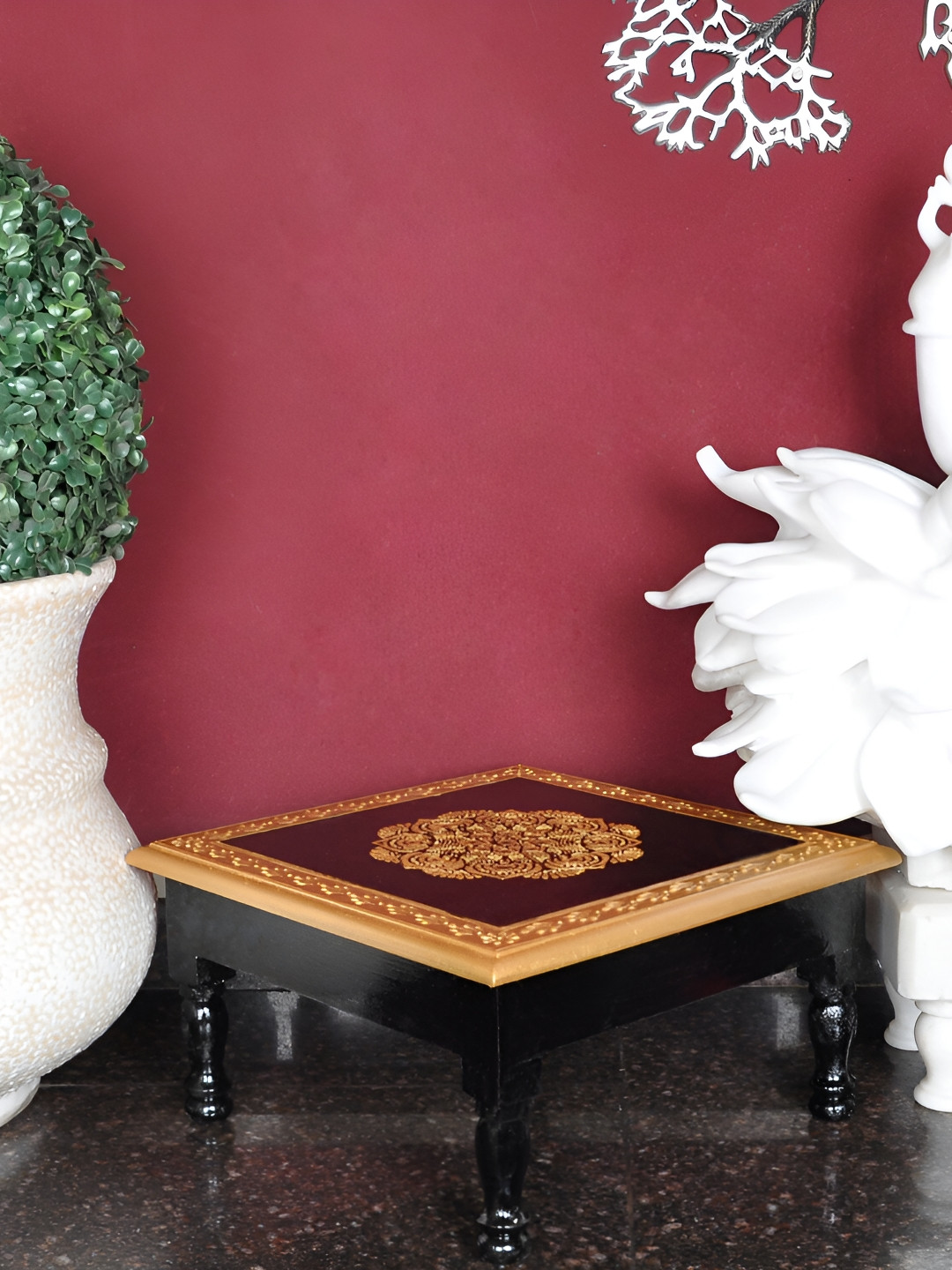 Lal Haveli Black & Brown Wooden Pooja Chowki