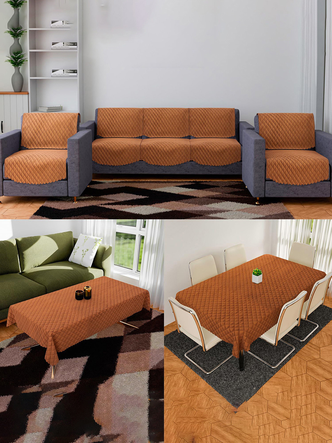 Kuber Industries Set of 12 Brown 5 Seater Sofa Cover with Center-Dining Table Cover Set