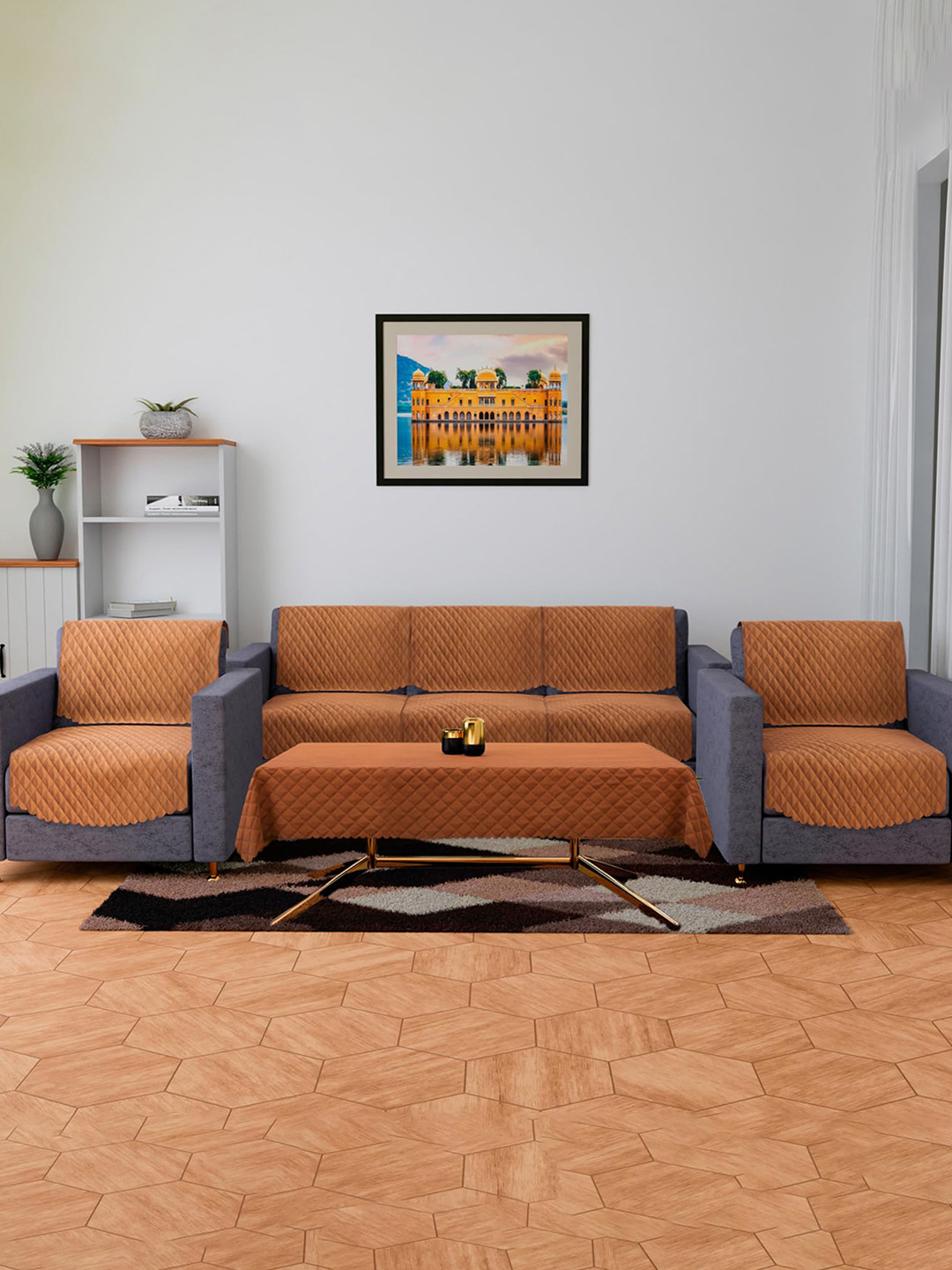 Kuber Industries Set of 11 Brown Velvet 5 Seater Sofa Cover & Table Cover Set