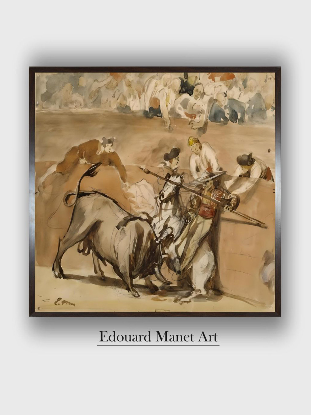 The Art House Beige & Black Bullfight Wooden Framed Painting Wall Art