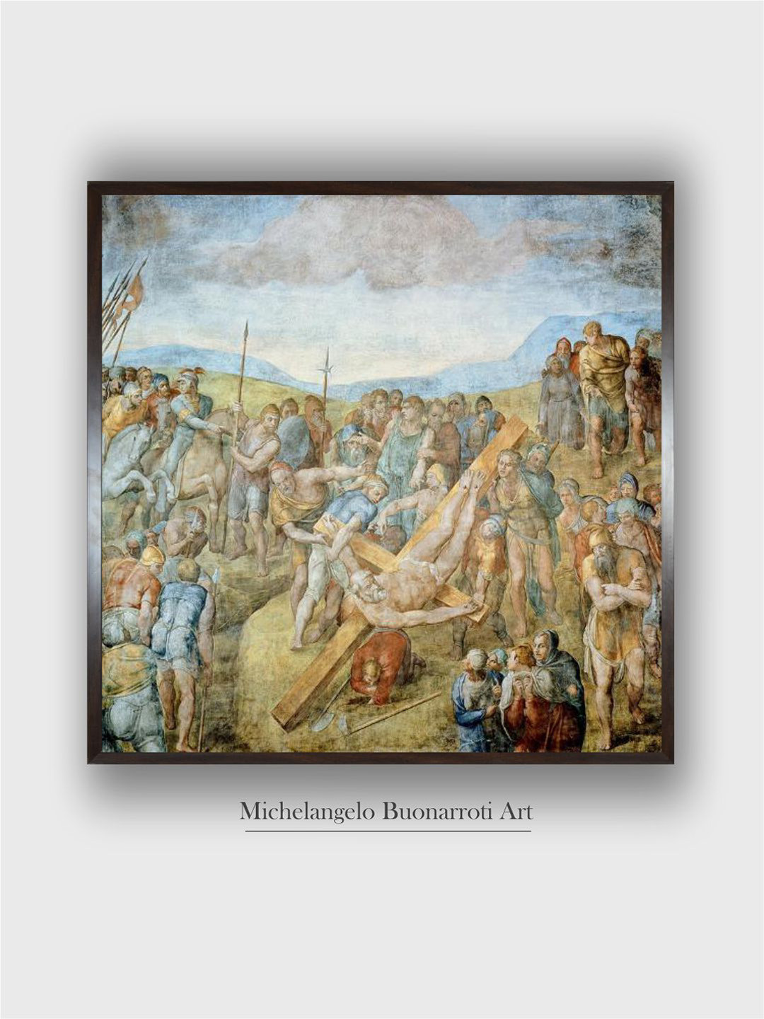 The Art House Blue & White Crucifixion of St. Peter Wooden Framed Painting Wall Art