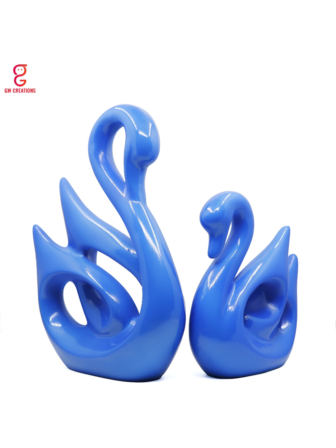 GW CREATIONS Swan Couple Blue Polyresin Glossy Living Room Set of 2 Medium Showpieces - 10.2 Inches