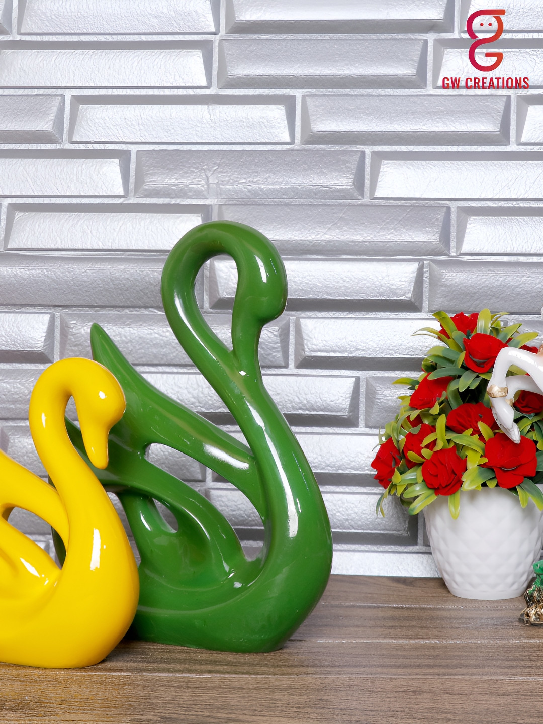 GW CREATIONS Swan Couple Green Polyresin Glossy Living Room Set of 2 Medium Showpieces - 10.2 Inches