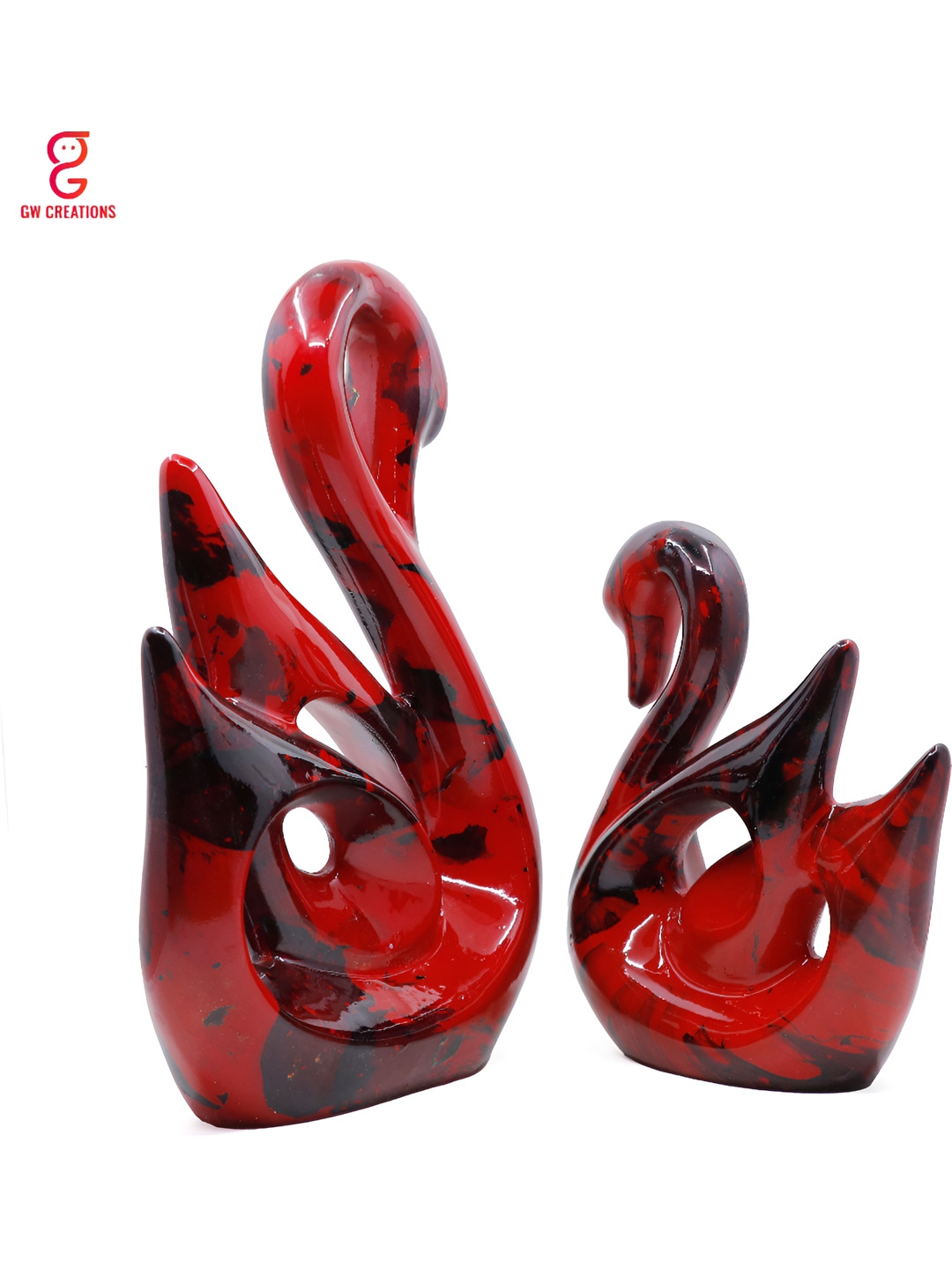 GW CREATIONS Swan Couple Red Polyresin Glossy Home Office Set of 2 Medium Showpieces - 1.2 Inches