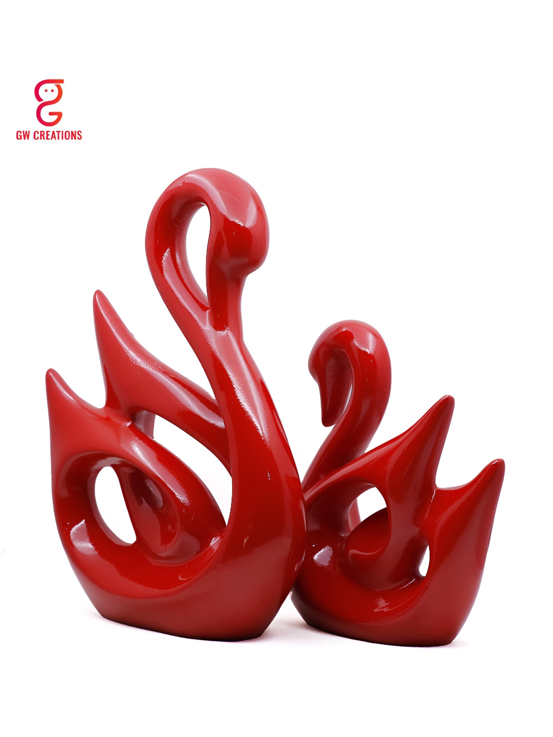GW CREATIONS Swan Couple Red Polyresin Glossy Living Room Set of 2 Medium Showpieces - 1.2 Inches