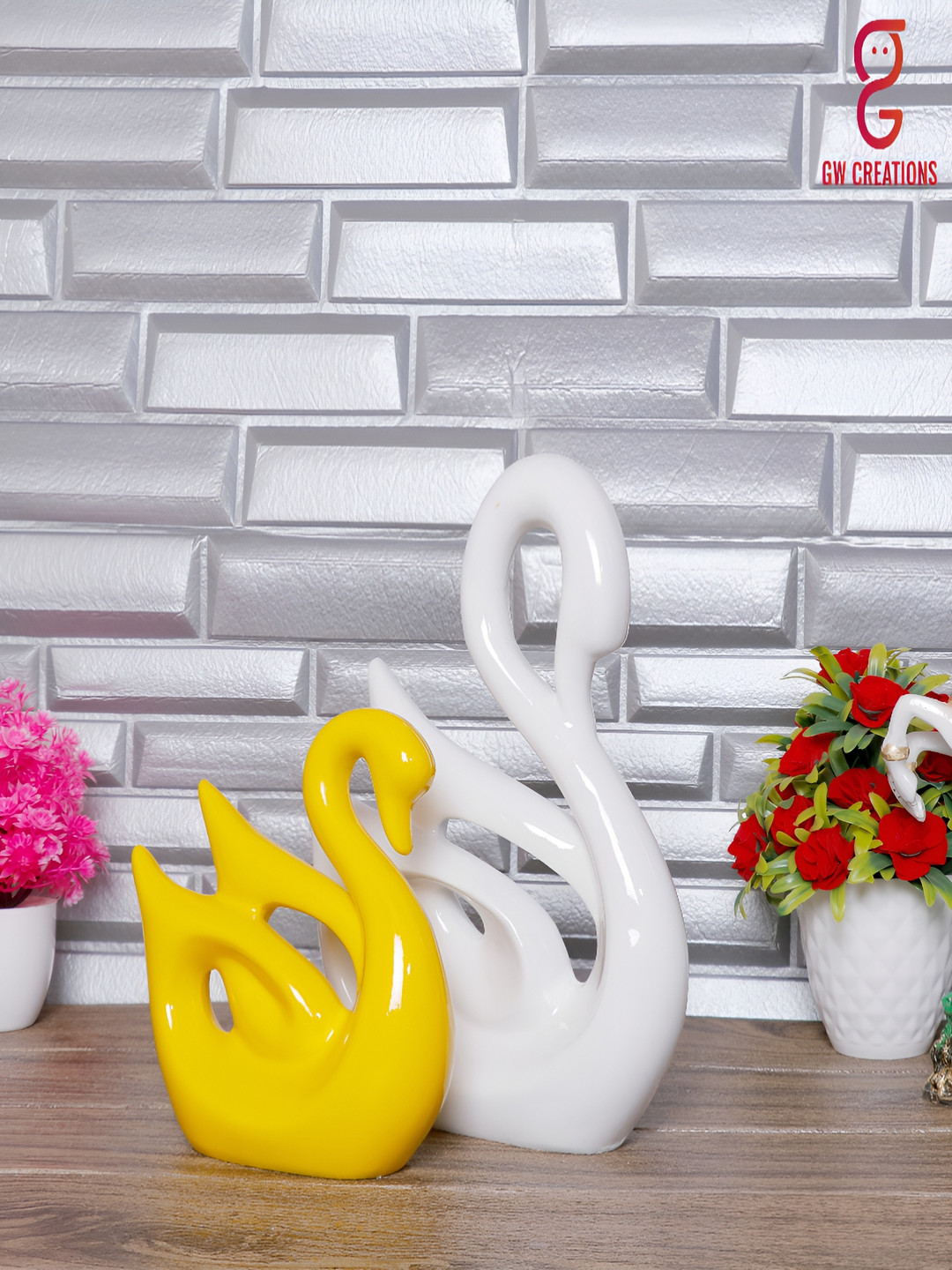 GW CREATIONS Swan Couple White Polyresin Glossy Garden Set of 2 Medium Showpieces - 10.2 Inches