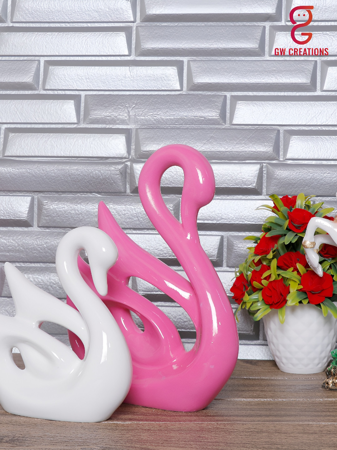 GW CREATIONS Swan Pink Polyresin Glossy Living Room Set of 2 Medium Showpieces - 10.2 Inches