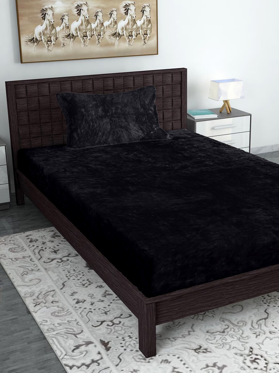 HOSTA HOMES Black 300 TC Single Fitted Bedsheet with 1 Pillow Cover
