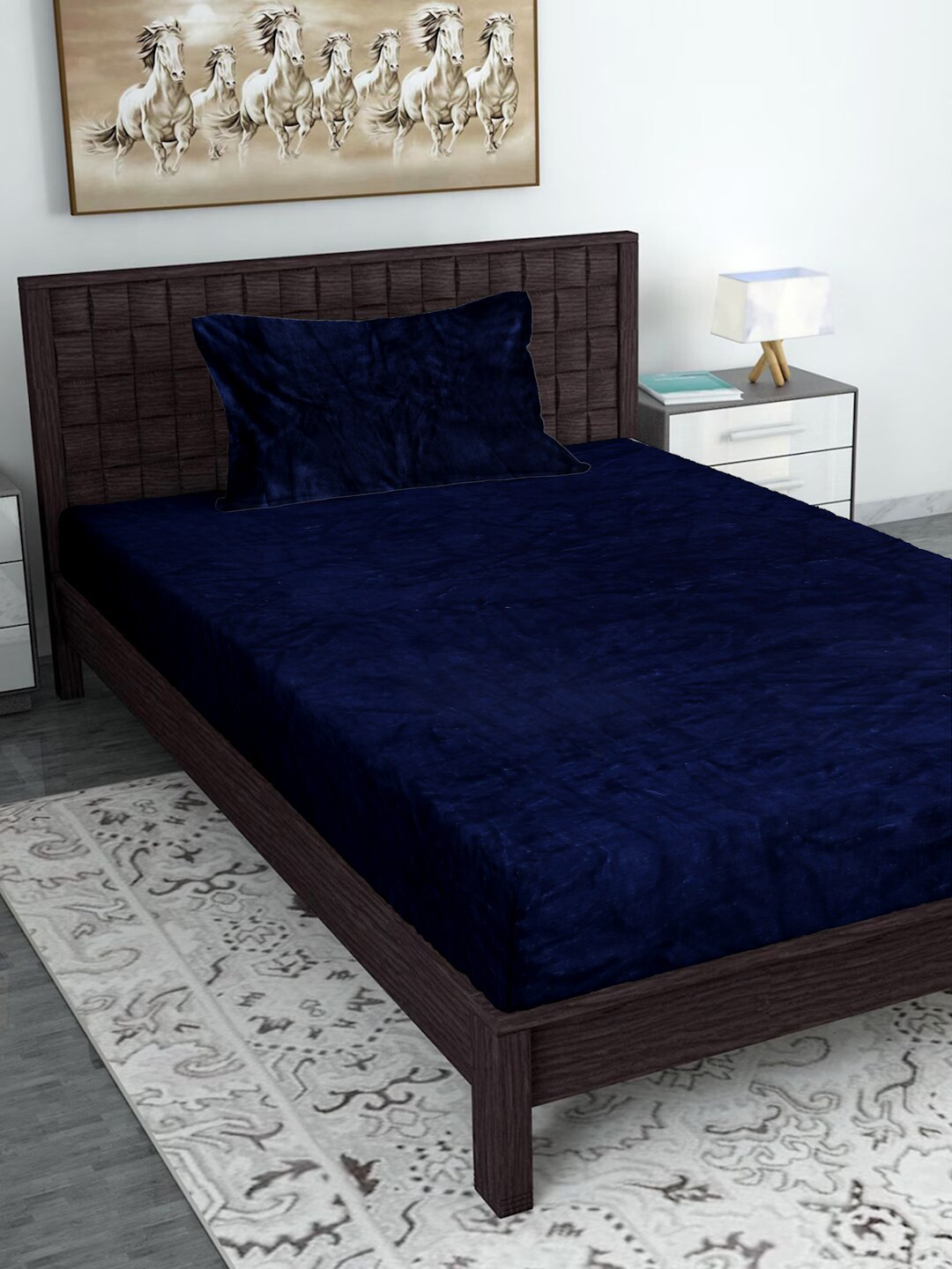 HOSTA HOMES Blue 300 TC Single Fitted Bedsheet with 1 Pillow Covers