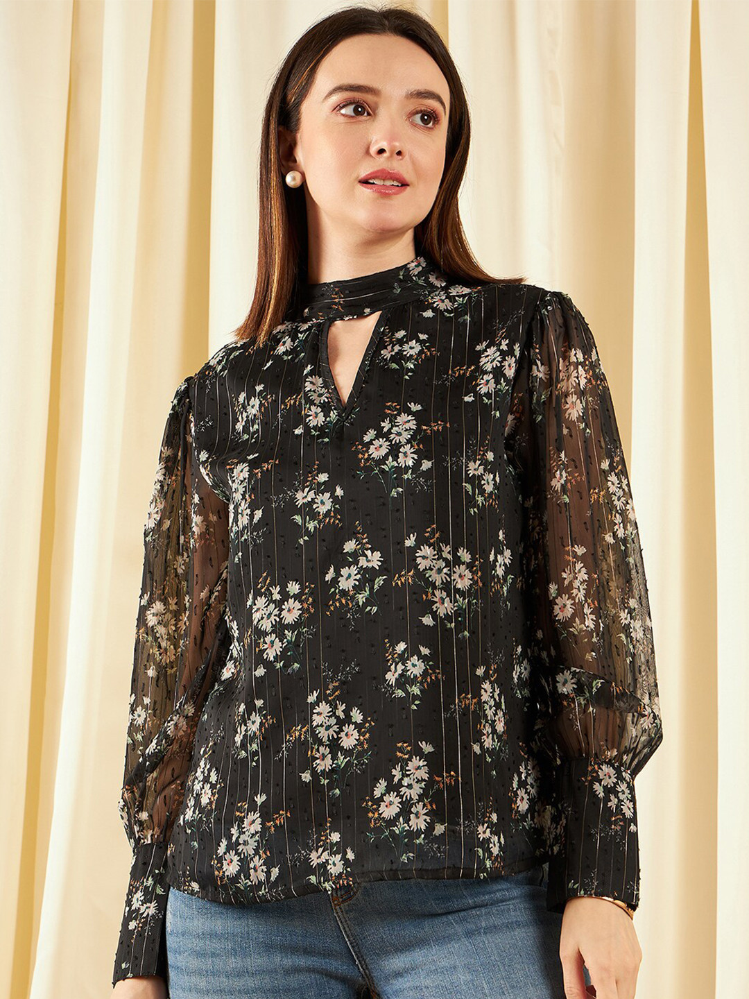 Marie Claire Black Floral Print Choker Neck Puff Sleeve Chiffon Top