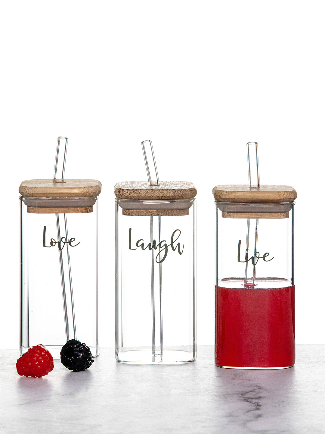 GOODHOMES Transparent 3 Pieces Typography Wooden Lid Glass Jars With Straw 250ml each