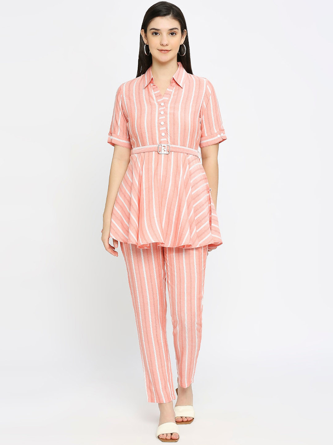 True Shape Self Design Collared Neck Top & Mid-Rise Trouser Co-Ords