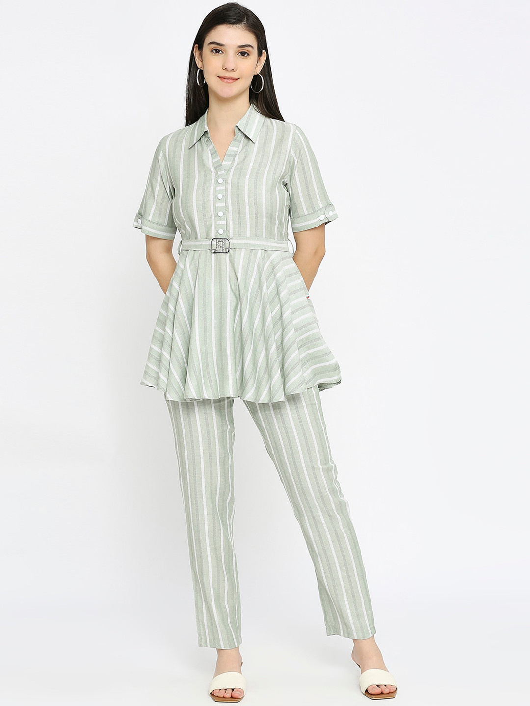 True Shape Striped Fit & Flare Cotton Collared Tunic & Trousers Co-Ords With Belt