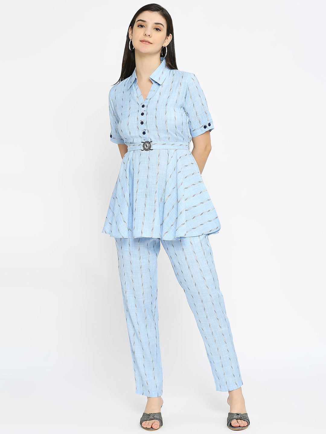 True Shape Striped Shirt Collar Top & Flared Trouser