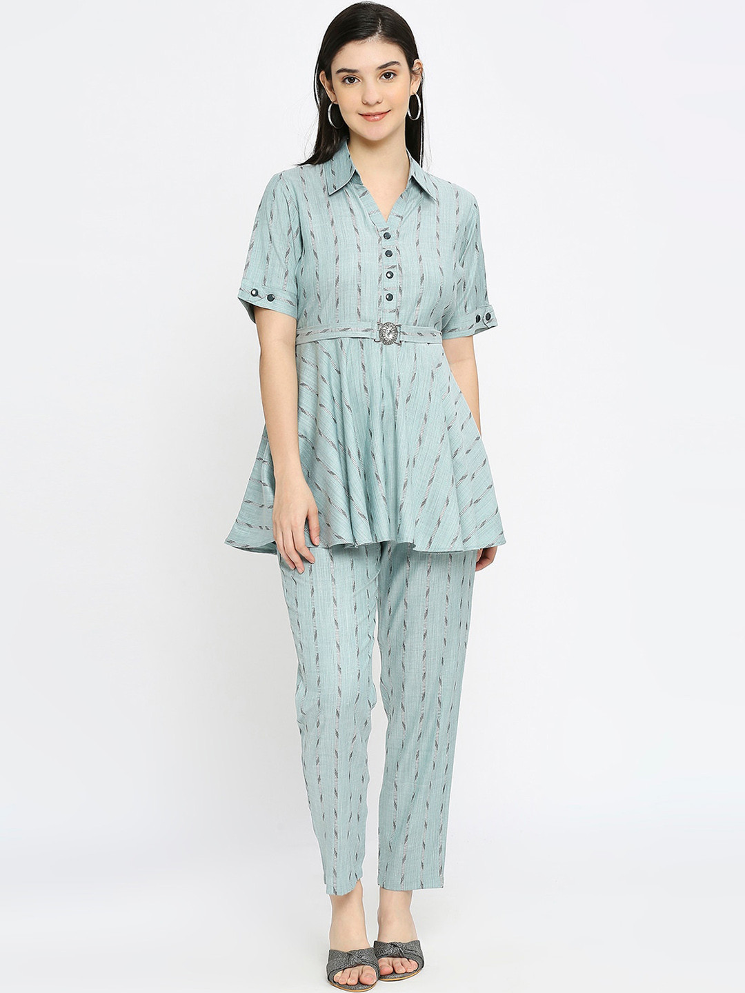 True Shape Striped Shirt Collar Top & Trousers