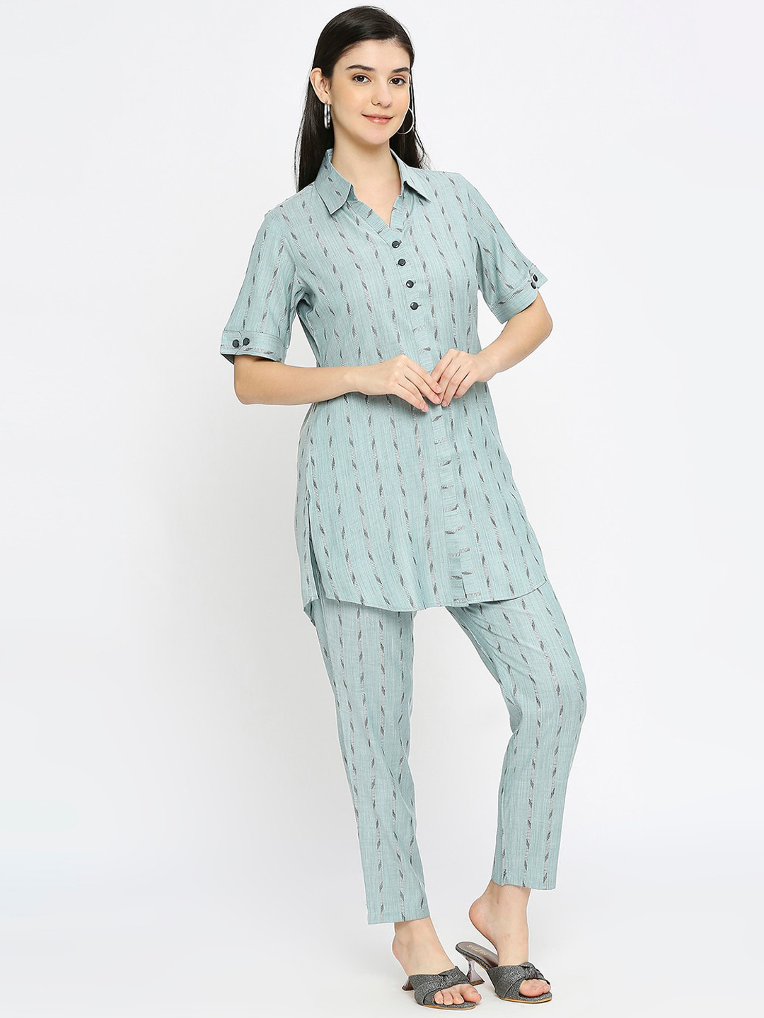True Shape Striped Shirt Collar Top & Trousers