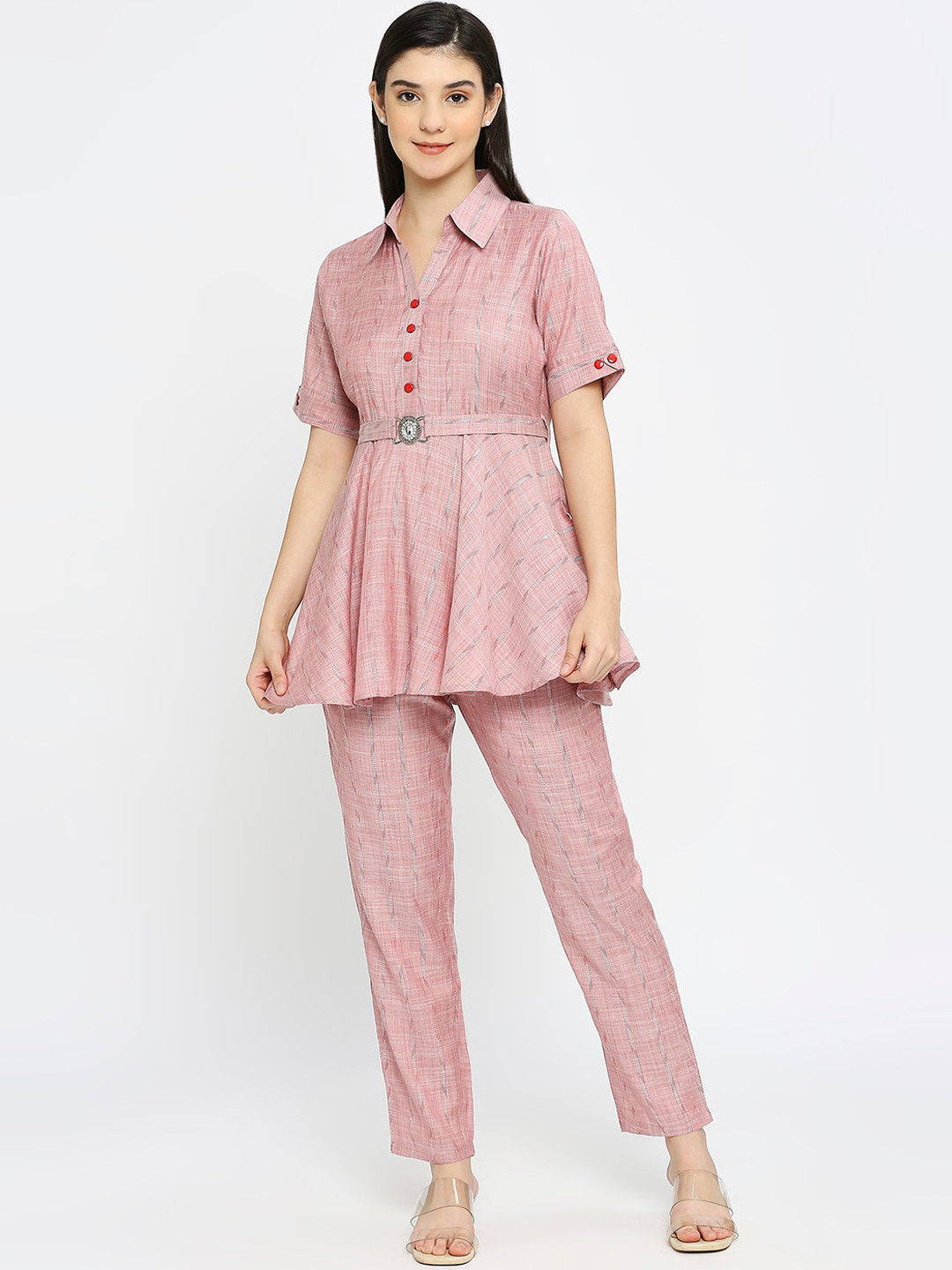 True Shape Striped Shirt Collar Tunic & Trousers