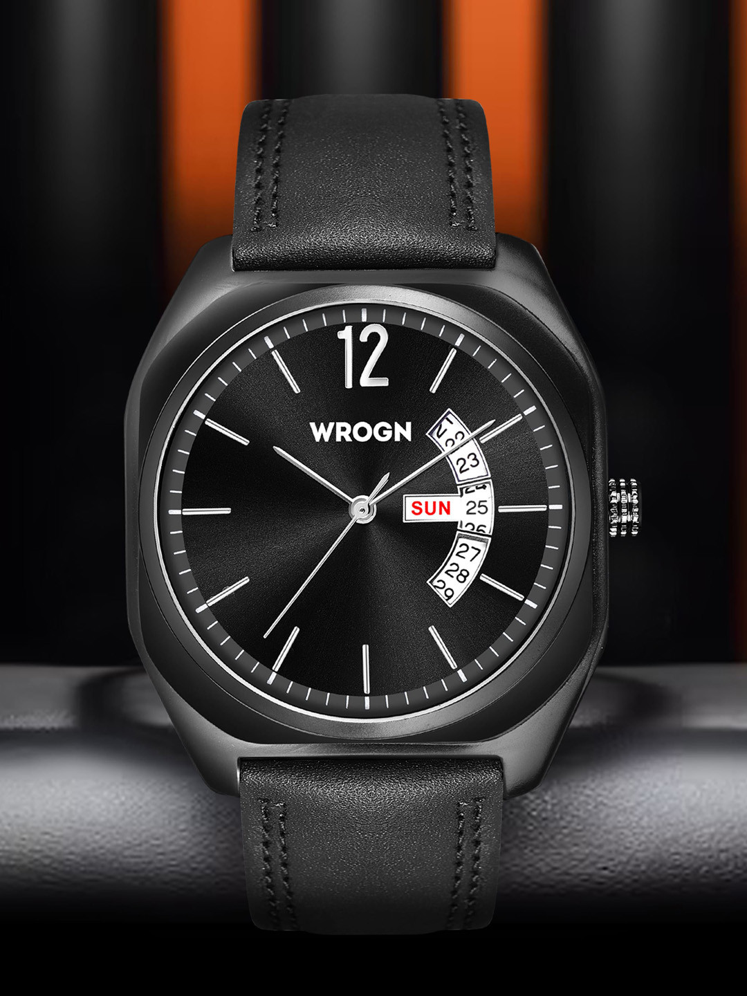 WROGN Men Textured Dial & Leather Straps Analogue Watch WR-6605-Black