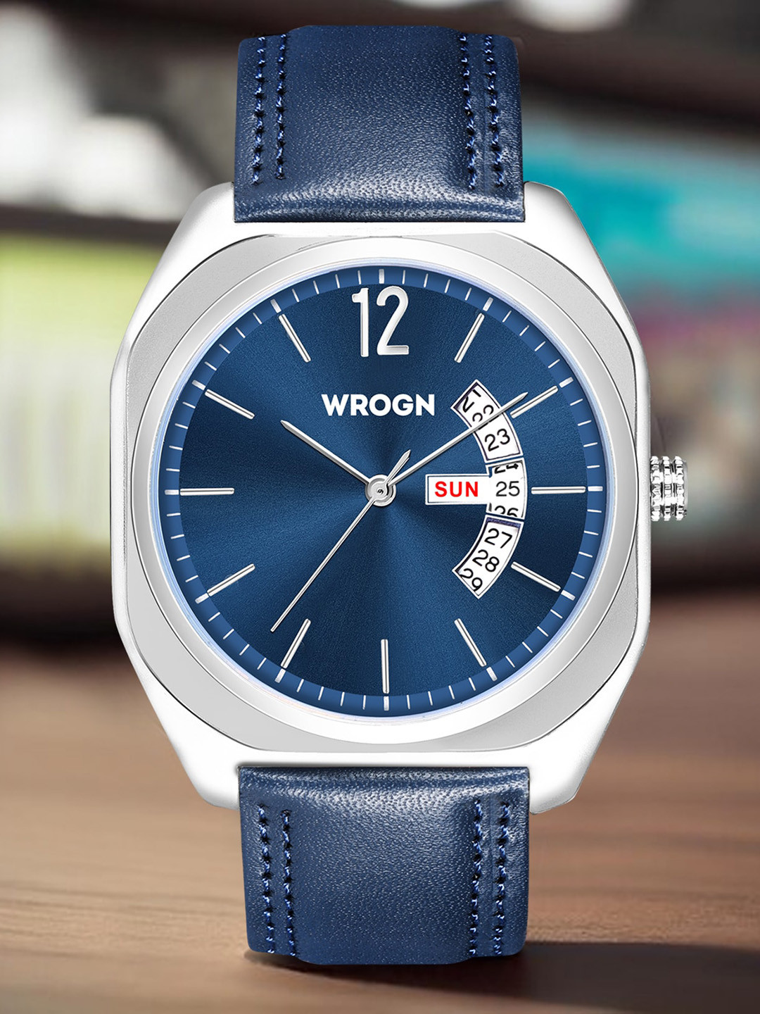 WROGN Men Textured Dial & Leather Straps Analogue Watch WR-6605-Blue