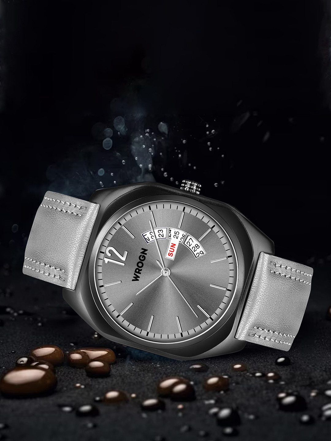 WROGN Men Textured Dial & Leather Straps Analogue Watch WR-6605-Grey