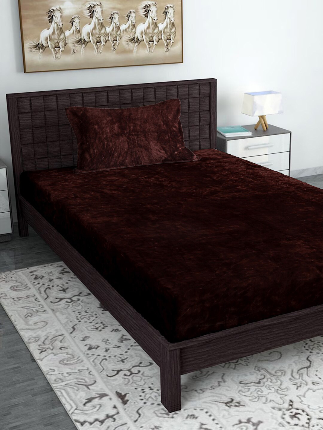 SOKNACK Brown 300 TC Single Bedsheet with 1 Pillow Cover