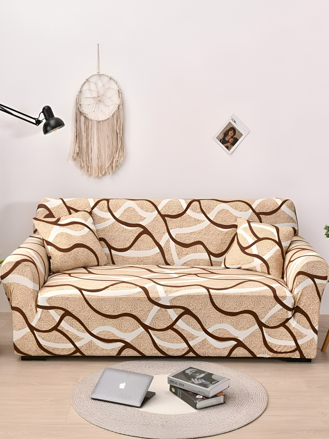 Lukzer Beige Lining Design 1 Seater Sofa Cover