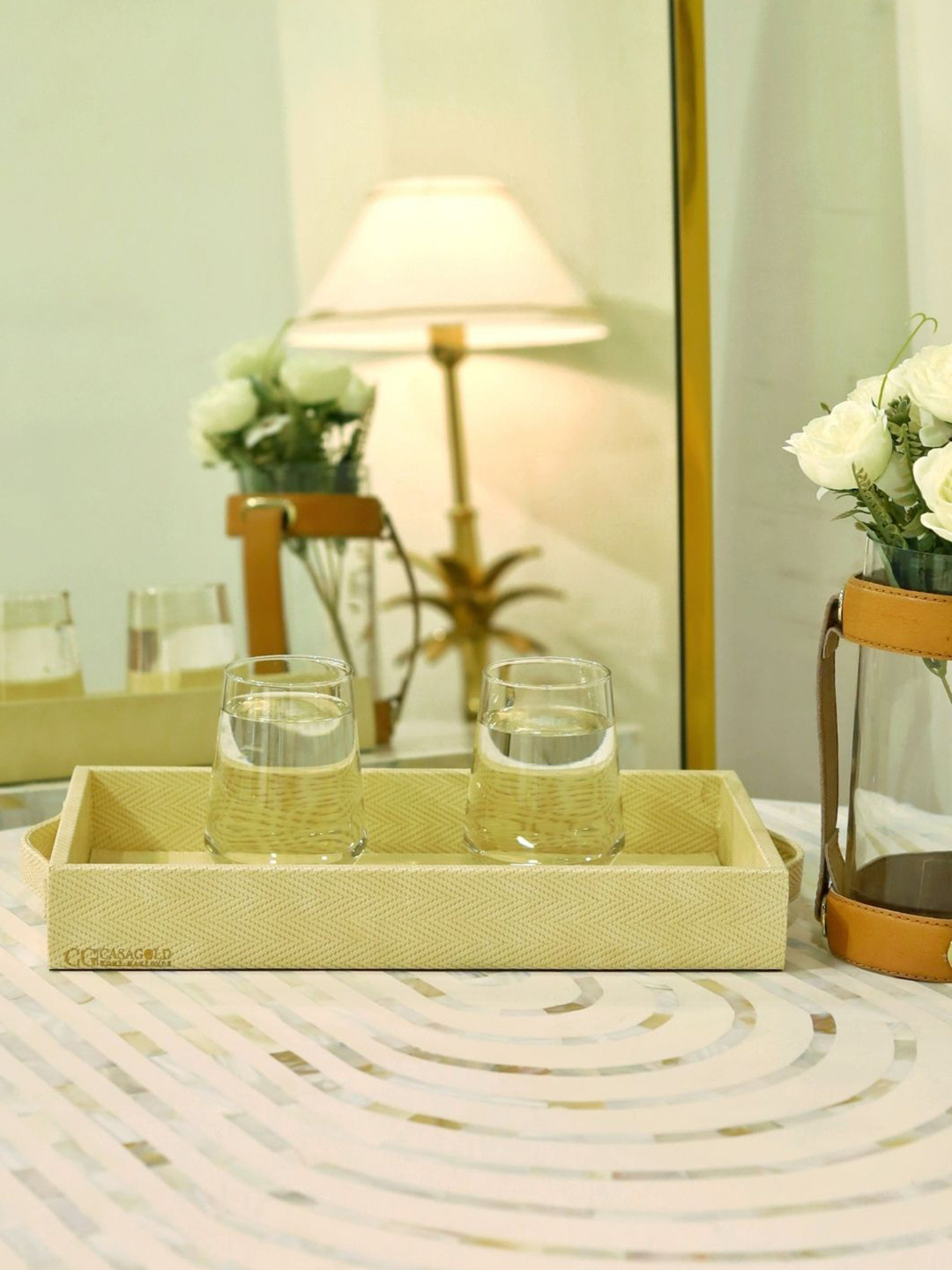 CasaGold Cream Small Leather Tray with Handle