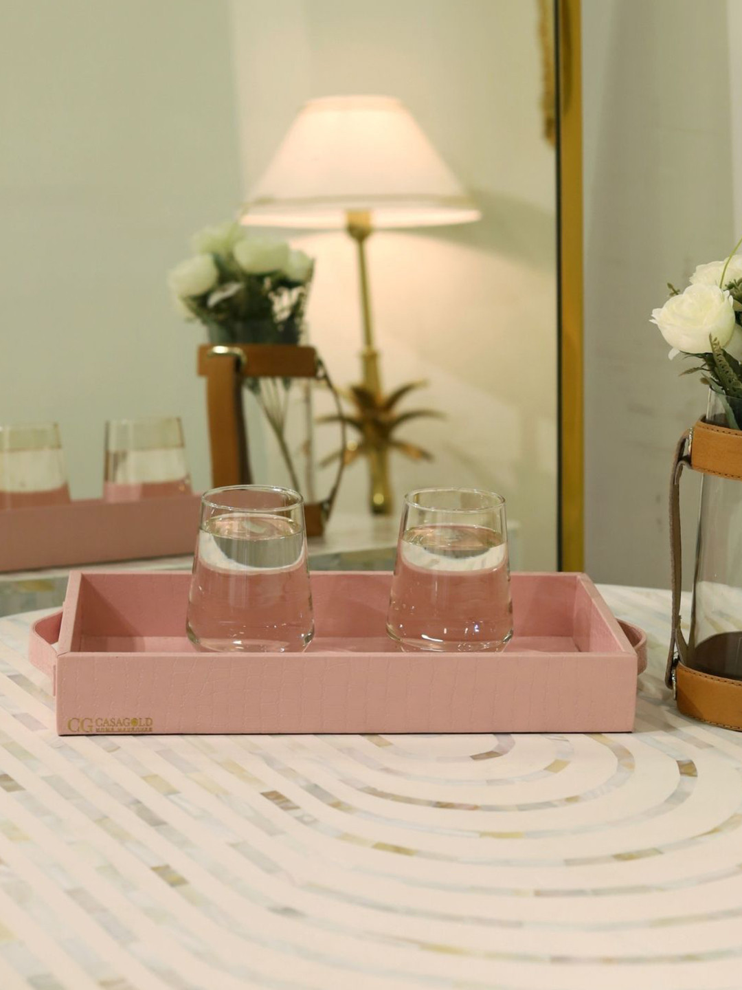 CasaGold Pink Leather Tray with Handle