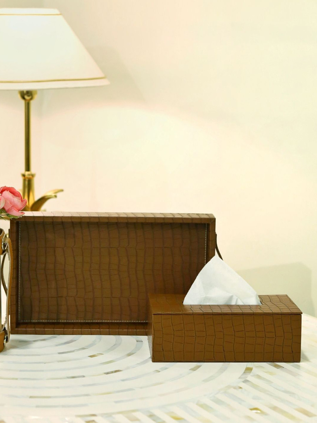 CasaGold Tan 2 Pieces Leather Tray with Tissue Box