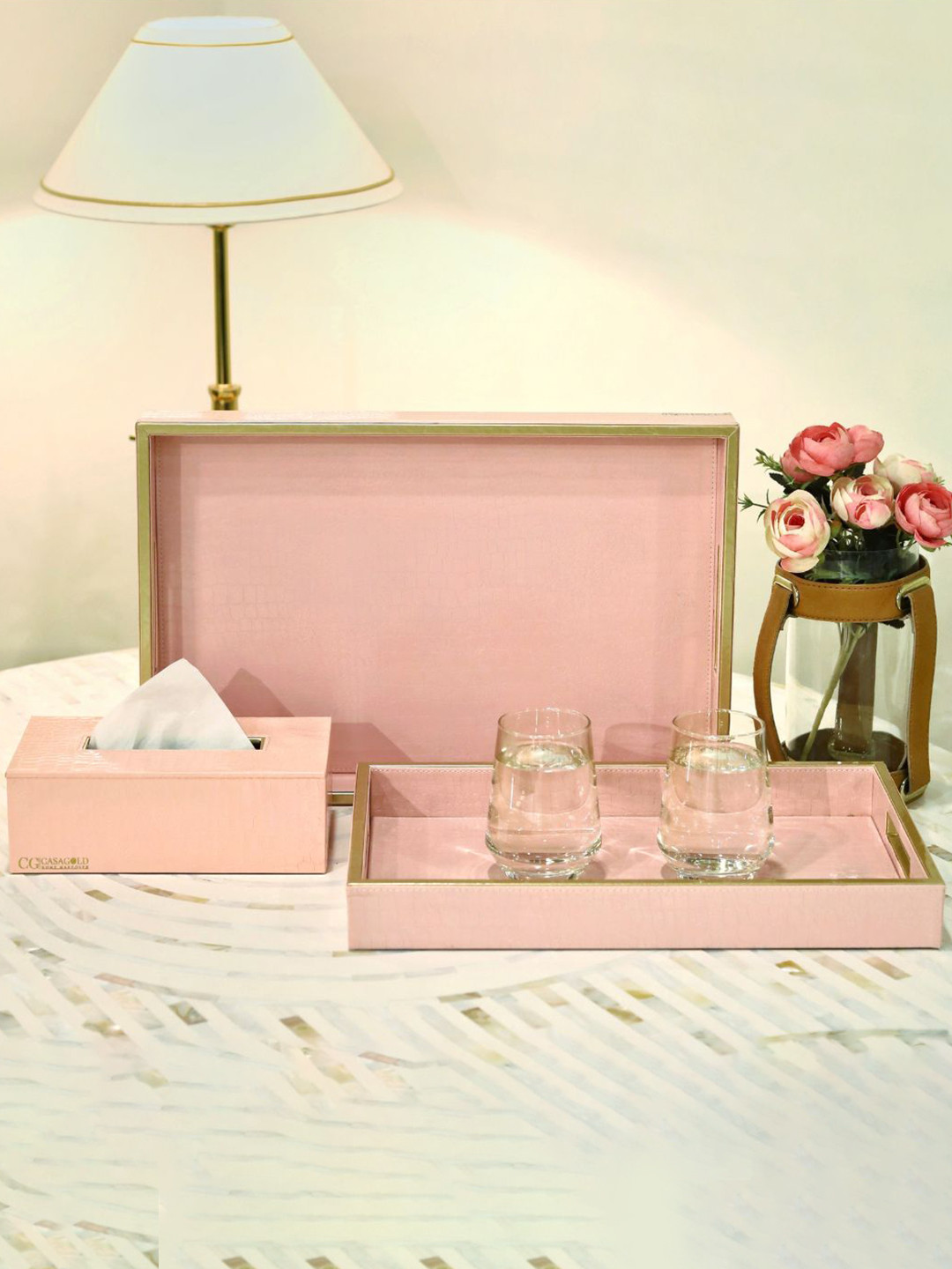CasaGold Pink 2 Pieces Leather Tray with Tissue Box