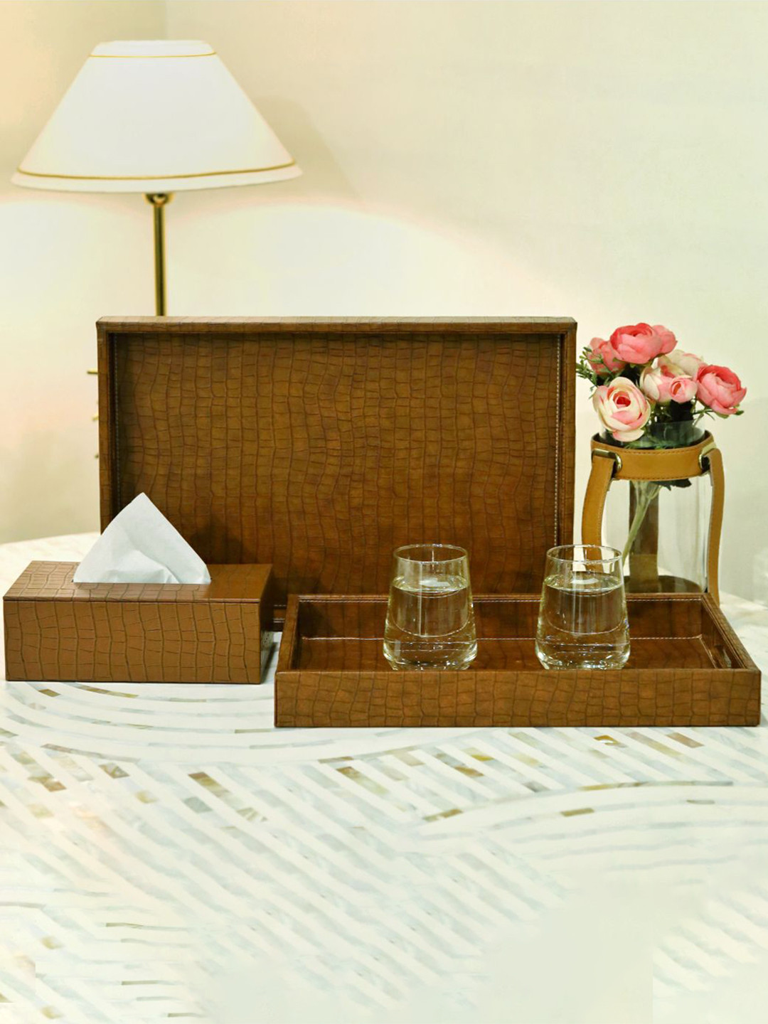 CasaGold Brown 2 pieces Leather Tray with Tissue Box