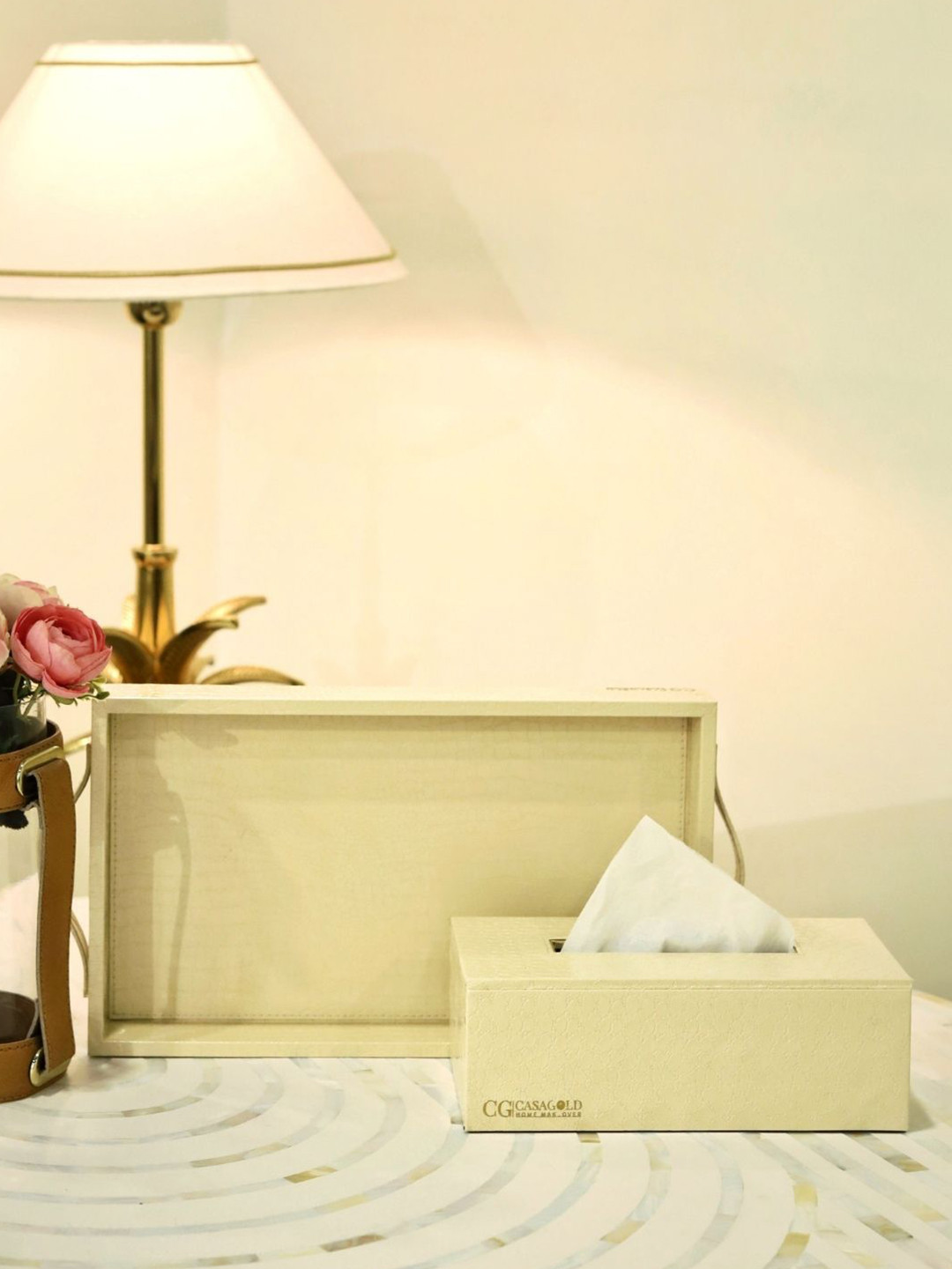 CasaGold  Cream 2 Pieces Leather Tray with Tissue Box