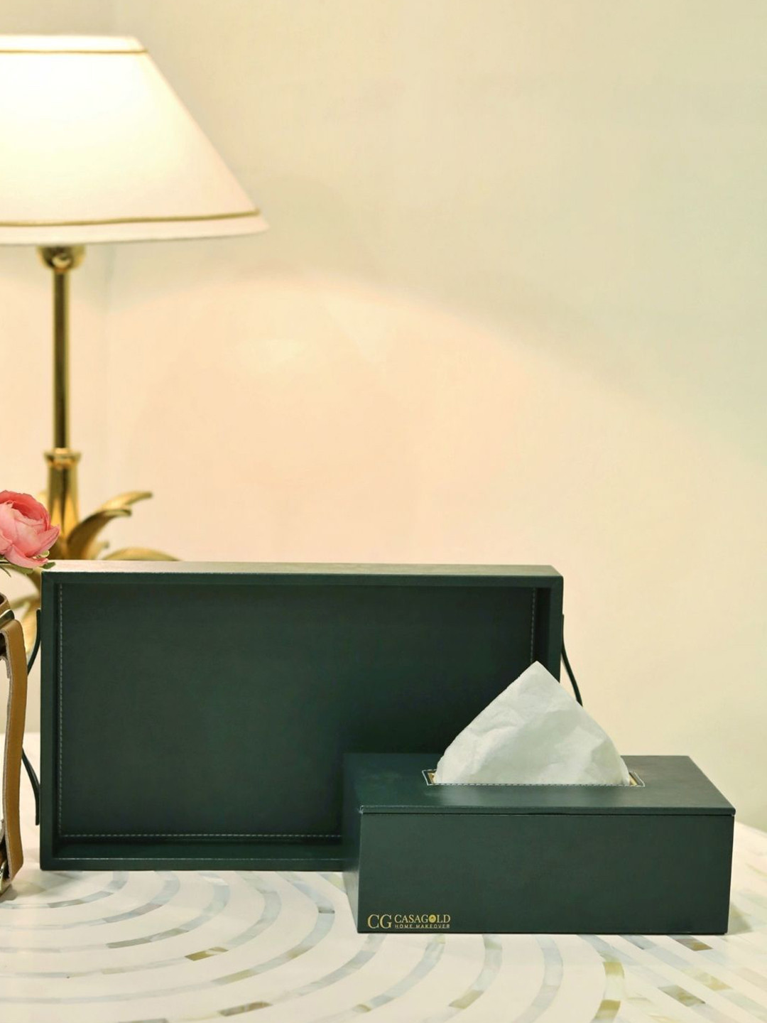 CasaGold Green Leather Tray With Tissue Box