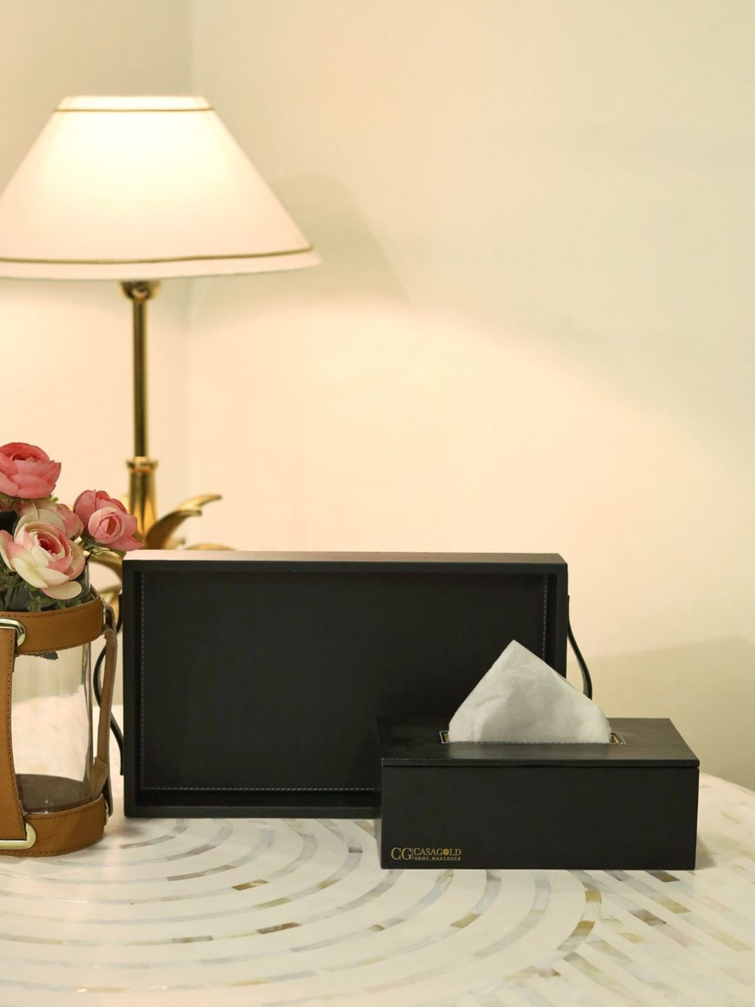 CasaGold Black 2 Pieces Leather Tray with Tissue Box