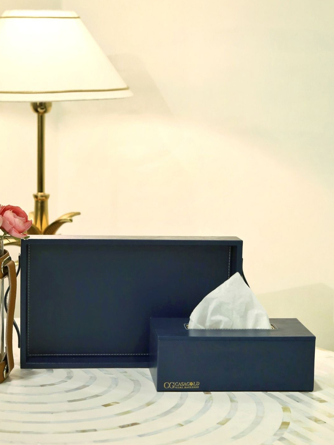 CasaGold 2 Pieces Navy Blue Leather Tray with Tissue Box