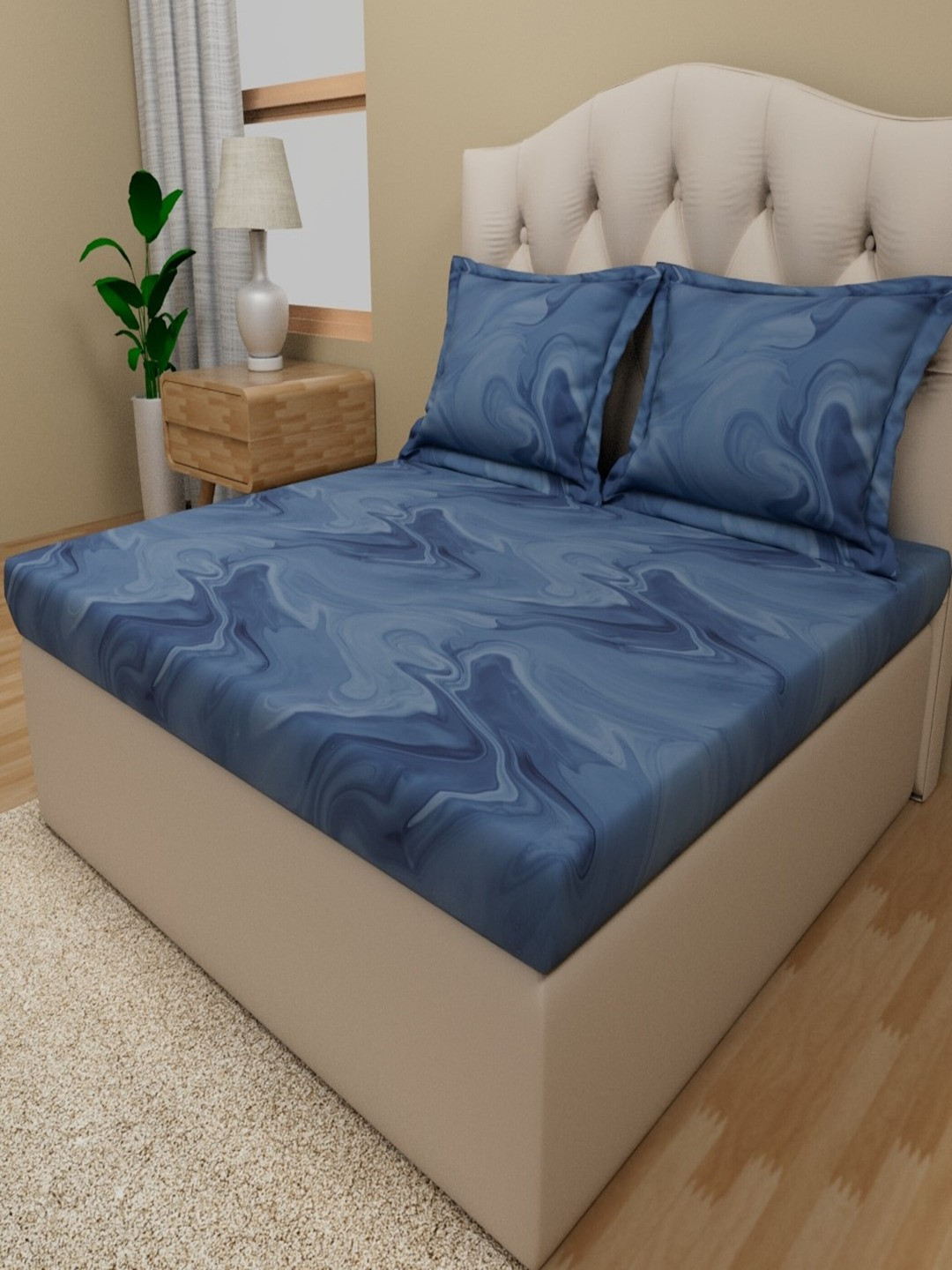 Himeya Blue Abstract Cotton 180 TC King Bedsheet With 2 Pillow Covers