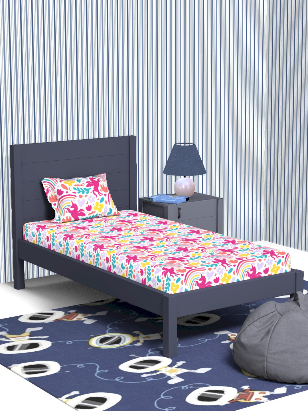 Himeya White & Pink Graphic Cotton 180 TC Single Bedsheet With 1 Pillow Cover