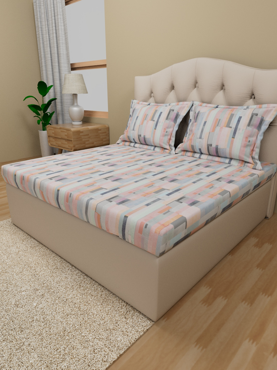 Himeya Orange Abstract Cotton 180 TC King Fine Bedsheet with 2 Pillow Covers-274 x 274 cm