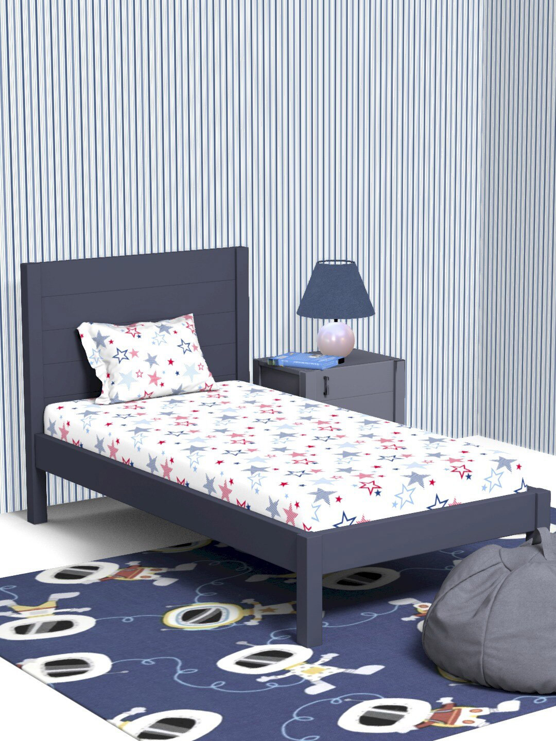 Himeya Play Starry Night White Geometric Cotton 180 TC Single Fine Bedsheet with a Pillow Cover-60 x 88 inches