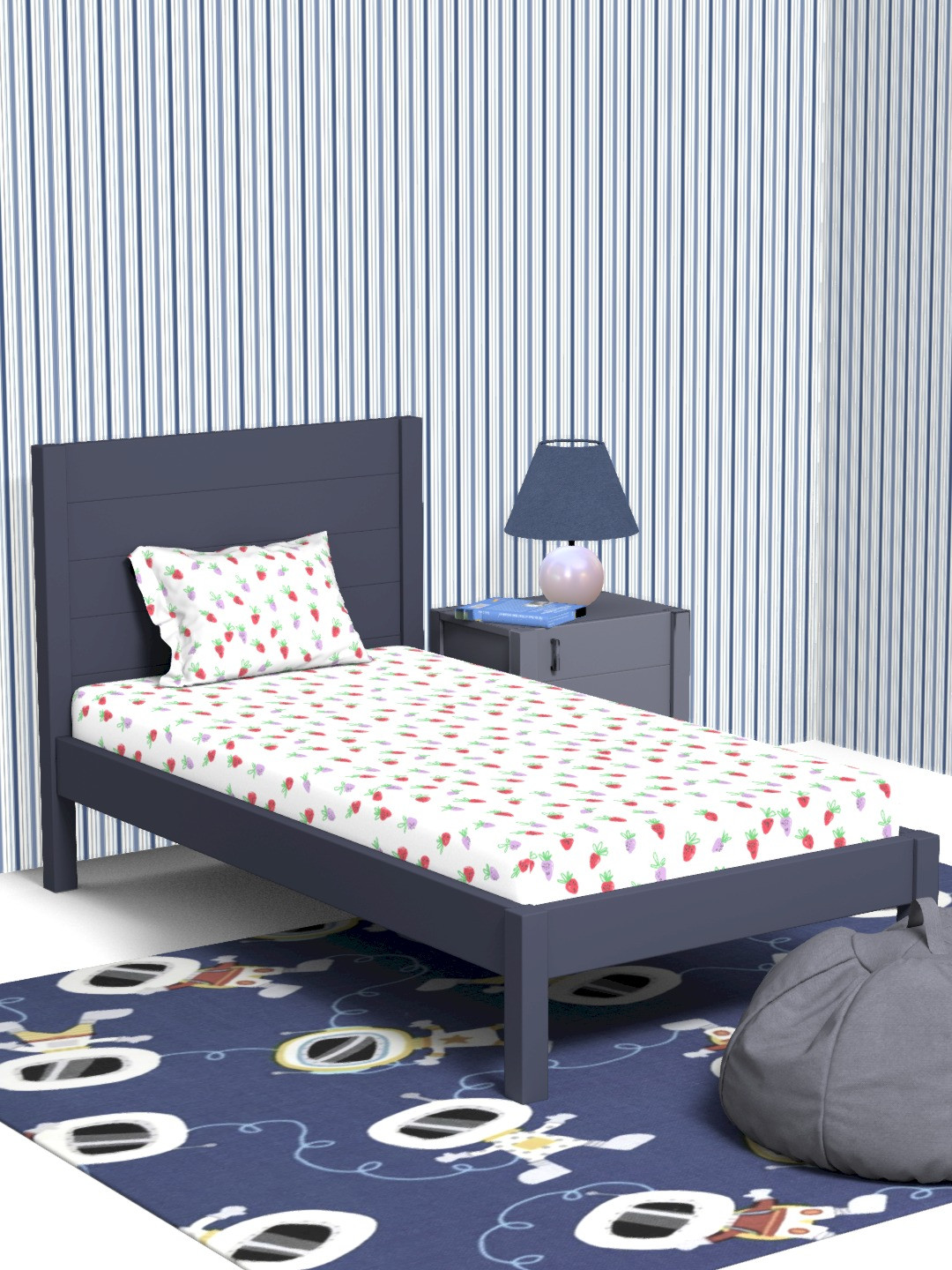 Himeya Play Berry Rain Scented White Conversational Cotton 180 TC Single Fine Bedsheet with a Pillow Cover-60 x 88 inches